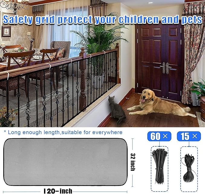 Baby Gate for Stairs, Banister Guard for Kids, Pets, Toys, 10ft L x 2.6 ft H, Mesh Netting Safety Net for Balcony Rail Stair, Stairway Net Baby Safety Products for Indoor & Outdoor (Black)