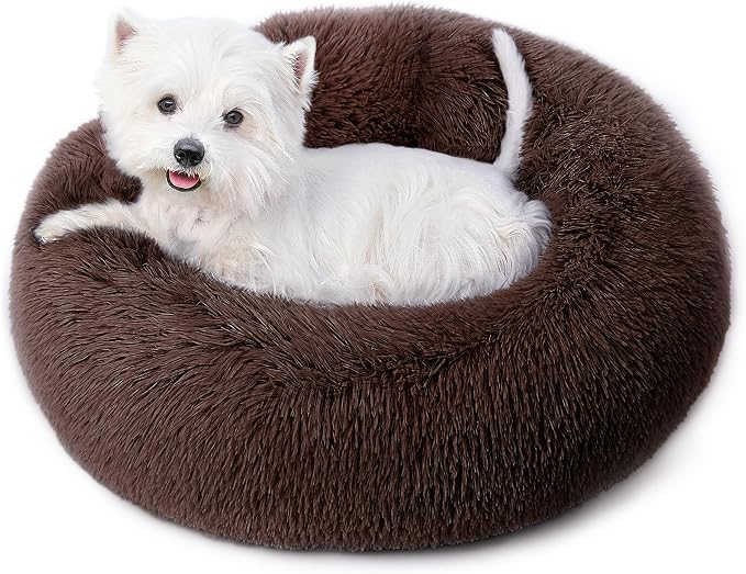 Calming Round Dog Bed & Cat Bed for Indoor Cats, Medium Size Washable Anti-Slip Anti-Anxiety Donut Dog Beds for Small Dogs & Cats, Fluffy Plush Soft Dog Bed(20 Inch, Dark Brown)