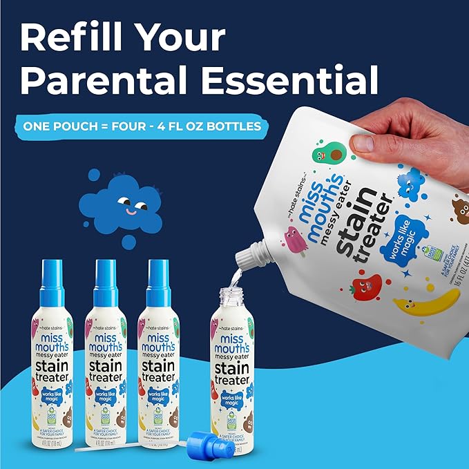 Miss Mouth's Messy Eater Stain Treater Kit, 2 Sprays & 16 Oz Refill | Newborn & Baby Essentials; Cleans Off Food, Grease, Coffee; Use on Laundry, Underwear, Fabric