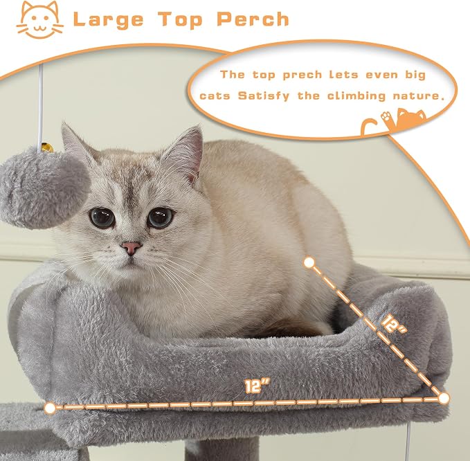 Letkind Cat Tree, 70-Inch Cat Tree Tower with Hammock, Scratching Post, Condo and Multi-Level Cat Tower, Large Cat Activity Center Playhouse, Light Gray LCT015