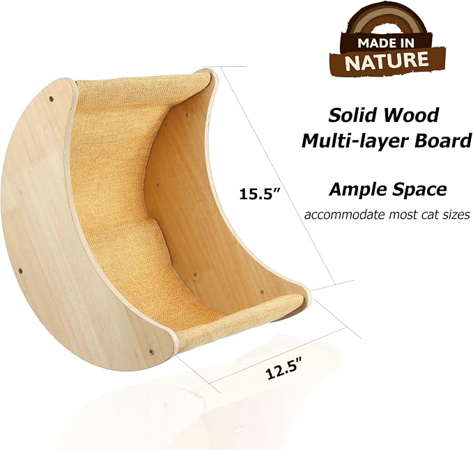 Cat Window Perch, Plywood Moon Bed with 4 Heavy-Duty Suction Cups | Window-Mounted, Drill-Free, Up to 40 lb Support, For Small to Medium Cats, Spacious Lounging Area, Machine-Washable Pad