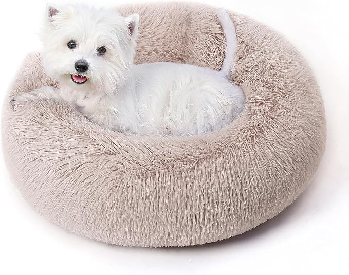 Calming Round Dog Bed & Cat Bed for Indoor Cats, Medium Size Washable Anti-Slip Anti-Anxiety Donut Dog Beds for Small Dogs & Cats, Fluffy Plush Soft Dog Bed(20 Inch, Light Brown)