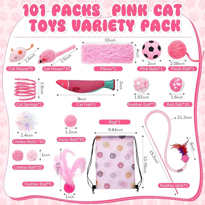 Leitee 101 Pcs Cat Interactive Toys Set with 1 Cat Paw Gift Storage Bags Feather Teaser Wand Springs Mice Fish Crinkle Balls Bell Balls Pillow, Puzzle Toys for Cats Gift Indoor (Pink)