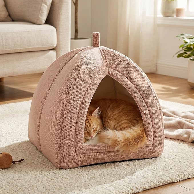 Amazon Basics Cat Cave Bed, 2-in-1 Foldable House for Indoor Cats, with Washable Cushion and Non-Slip Base, 17.5 x 17.5 Inches, Large, Pink