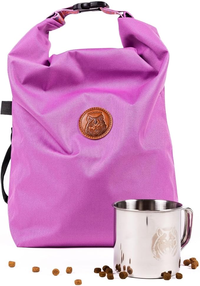 Wilderdog Doggie Bag - Water Resistant, Portable Kibble Carrier & Stainless Steel Mug - Lilac