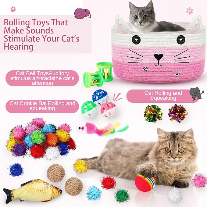 Zopeal 76 Pcs Cat Storage Basket Gift Toys Set Interactive Cat Toys Kitten Wand Colorful Flashing Balls Pet Crinkle Balls Attract Kitten to Swat, Hunt for Pet Indoor(Pink)