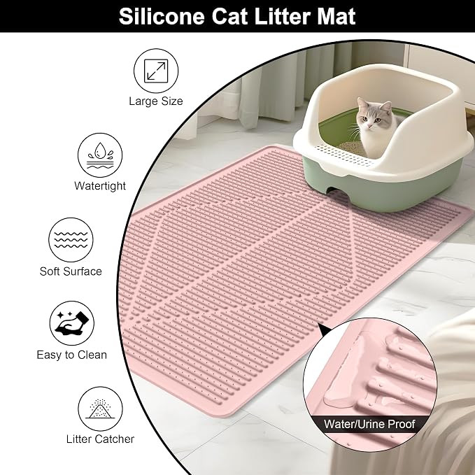 Mofason Silicone Cat Litter Mat XXL - Pink Extra Large Cat Litter Box mat | Waterproof & washable 38"x25" kitty cat litter mat for floor, extra large litter trapping; cat litter catcher mat easy clean
