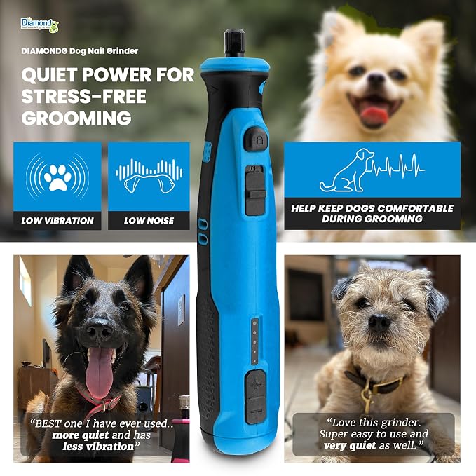 Diamondg Cordless Dog Nail Grinder - Quiet Sound with LED Light, Blue | 5-Speed Rechargeable Pet Nail Trimmer for Small & Large Dogs, USB-C Charging, 4hrs. Runtime, Painless Dog Nail Grinding Kit