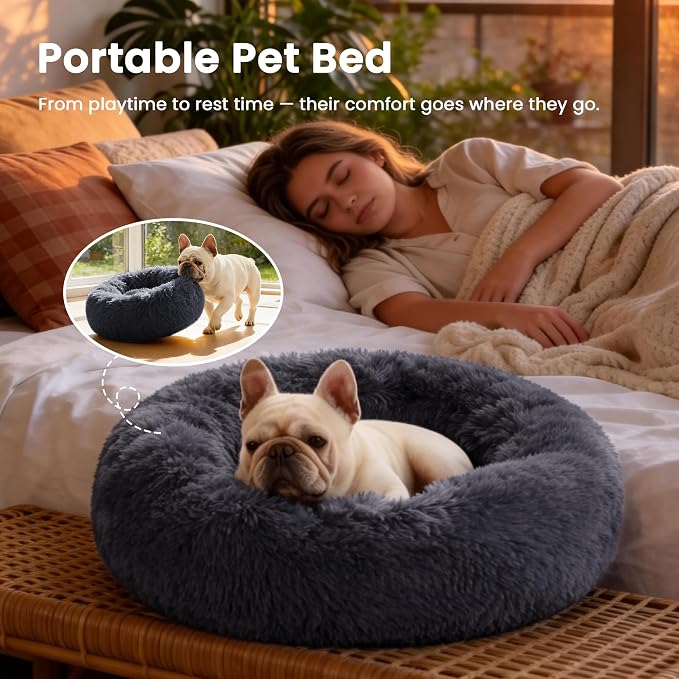 Love's cabin Calming Cat Bed for Indoor Cats, Anti-Anxiety Donut Round Dog Bed, Fluffy Faux Fur Washable Pet Bed for Small Medium Dogs and Cats, Bluish Grey, 20in