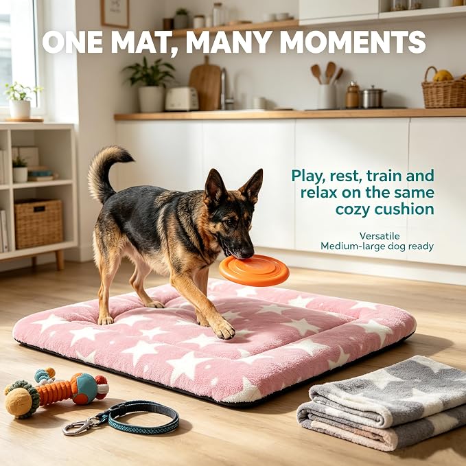 Dog Bed Mat,Reversible & Ultra Soft Kennel Pad-Machine Washable Pet Bed for Dogs & Cats-All-Weather Crate Liner for Crates,Carriers & Travel (Big Star&Pink, 35.0" L x 23.0" W x 1.5" Th)