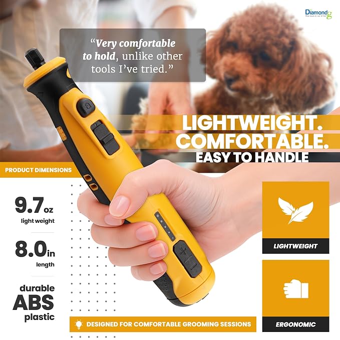 Diamondg Cordless Dog Nail Grinder - Quiet Sound with LED Light, Orange | 5-Speed Rechargeable Pet Nail Trimmer for Small & Large Dogs, USB-C Charging, 4hrs. Runtime, Painless Dog Nail Grinding Kit