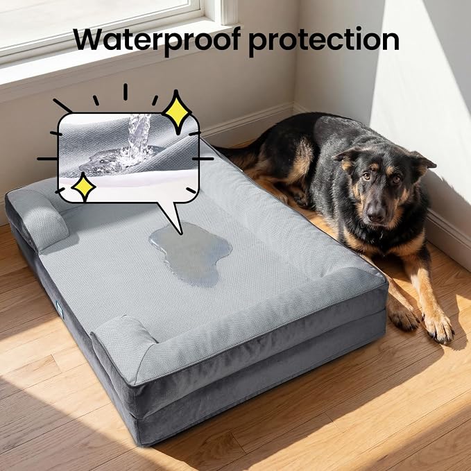OhGeni Orthopedic Cooling Dog Bed Couch, Cooling Big Pet Sofa for Extra Large Sized Pets with Memory Foam, Machine-Washable Waterproof Removable Cover, Soft Comfortable Fabric, 44-inch (Cool Gray)