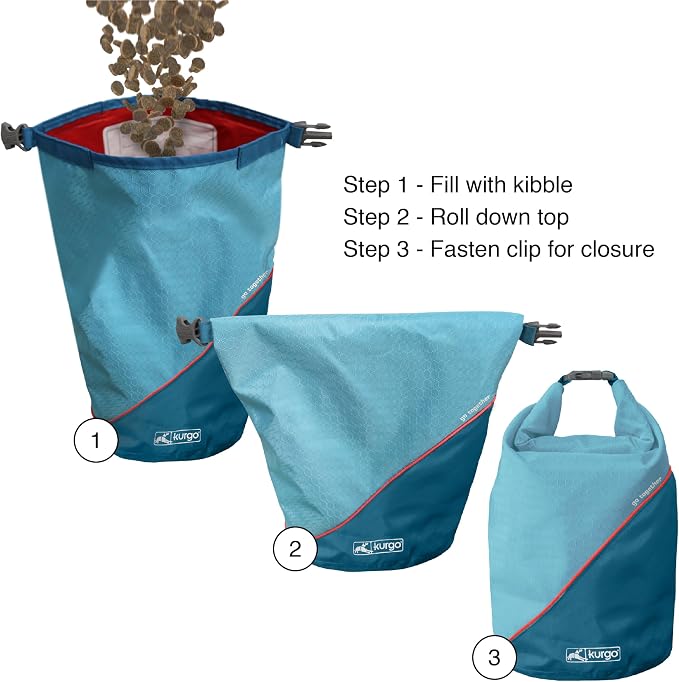 Kurgo Kibble Carrier - Portable Kibble Carrier - Compact Travel Storage - Dog Food Dry Bag - Camping Dog Storage - 5 lb Capacity - Coastal Blue