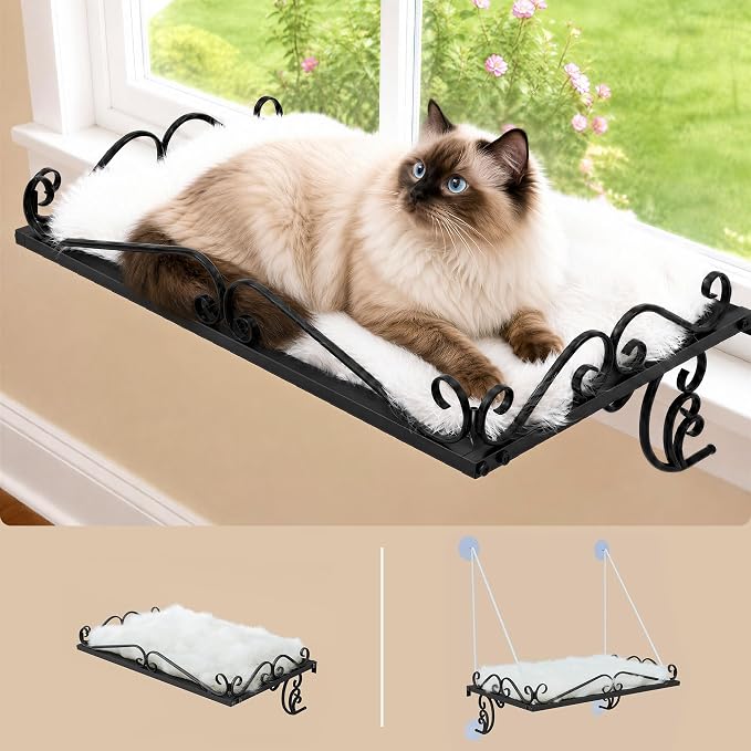 PUPETPO Cat Window Perch for Large Cats, 2-in-1 Window & Sill Mount, Black | Heavy-Duty Iron Frame with Triangle Support, Cat Window Bed with Plush Cushion, Holds 40+ lbs
