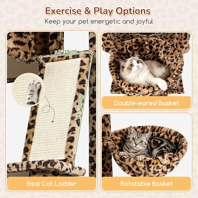 Globlazer 80in Extra Large Leopard Cat Tree Tower, S80G, Leopard Print | Multi-Level Cat Condo For Multiple Indoor Cats Large Adult Kittens, Scratching Posts, Widened Perches, Adjustable Baskets