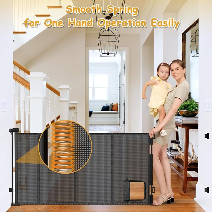 Reinforced 90” Extra Wide Retractable Pet Gate with Cat Door 33 Inch Tall Mesh Baby Gate Retractable Dog Gates for Doorways Extra Wide Baby Gates for Large Openings with Reinforced Strips, Black