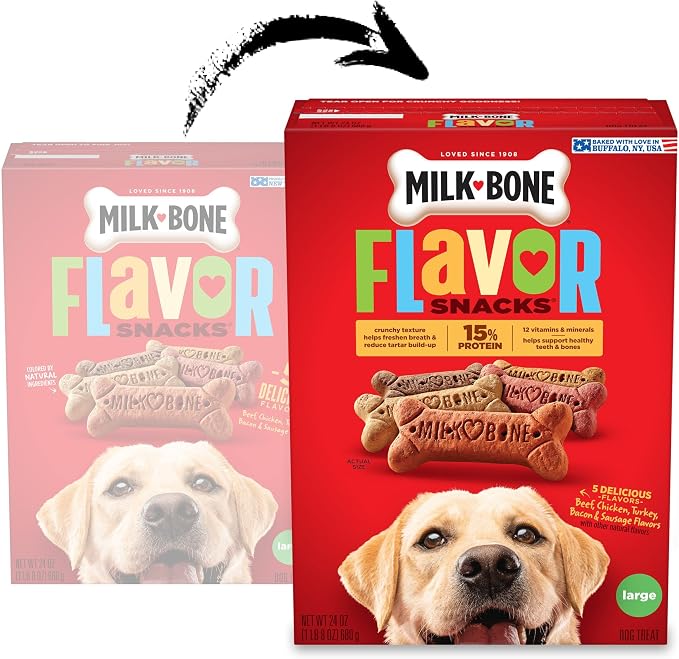 Milk-Bone Flavor Snacks, Large Dog Treats, 24 Oz. | 5 flavors per box (beef, chicken, turkey, bacon & sausage flavors with other natural flavors), made with 15% protein