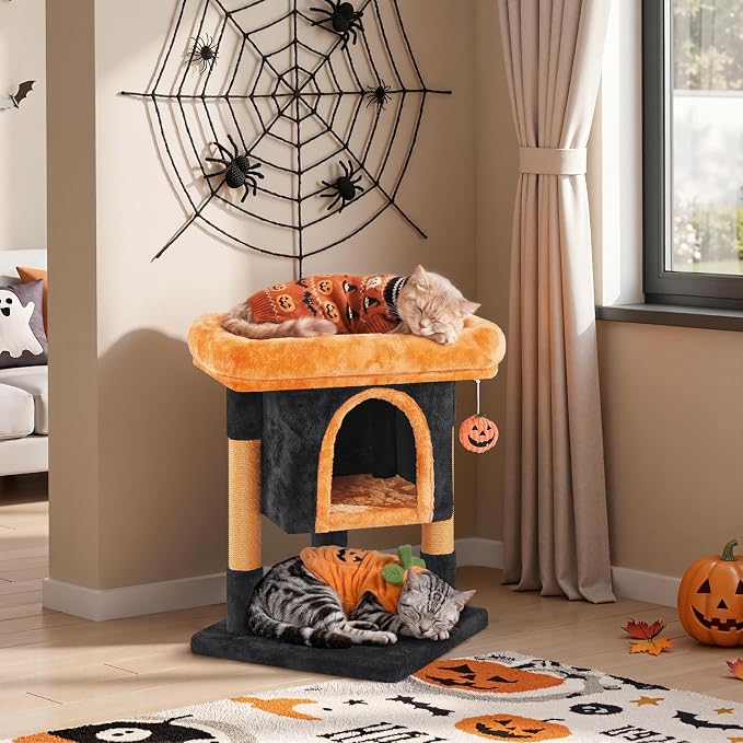 Yaheetech Halloween Cat Tree, Black/Pumpkin Orange Small Cat Tower | Fits small rooms, gothic cute cat bed, wide perch for lounge and scratch, assembles fast with included tools, halloween decor