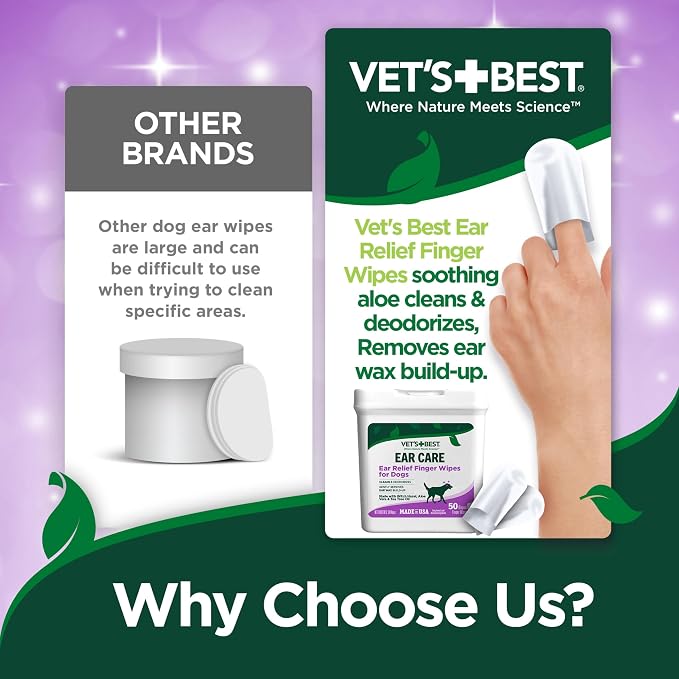 Vet's Best Ear Relief Finger Wipes, Ear Cleansing Finger Wipes for Dogs, Sooths & Deodorizes, 50 Disposable Dog-Wipes (Pack of 2)