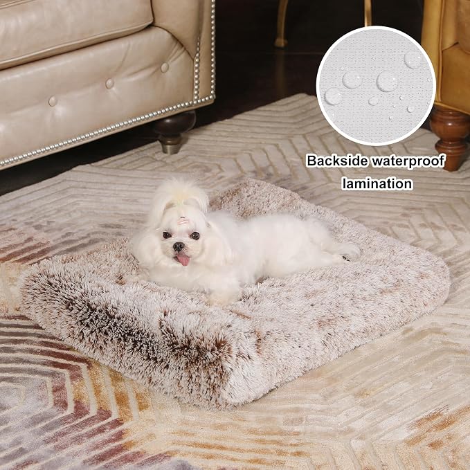 Bedfolks Waterproof Crate Bed, Plush Dog & Cat Bed with Removable Washable Cover, Faux Fur Kennel Pad, 21"x13", Brown