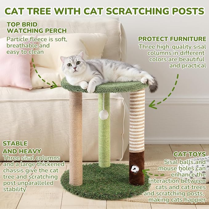 WOOCHPET 17" Small Cat Tree with Grass Base, 3 Sisal Scratching Posts & Top Perch, Cute Green Kitten Tower Platform, Small Cat Scratcher for Indoor Cats