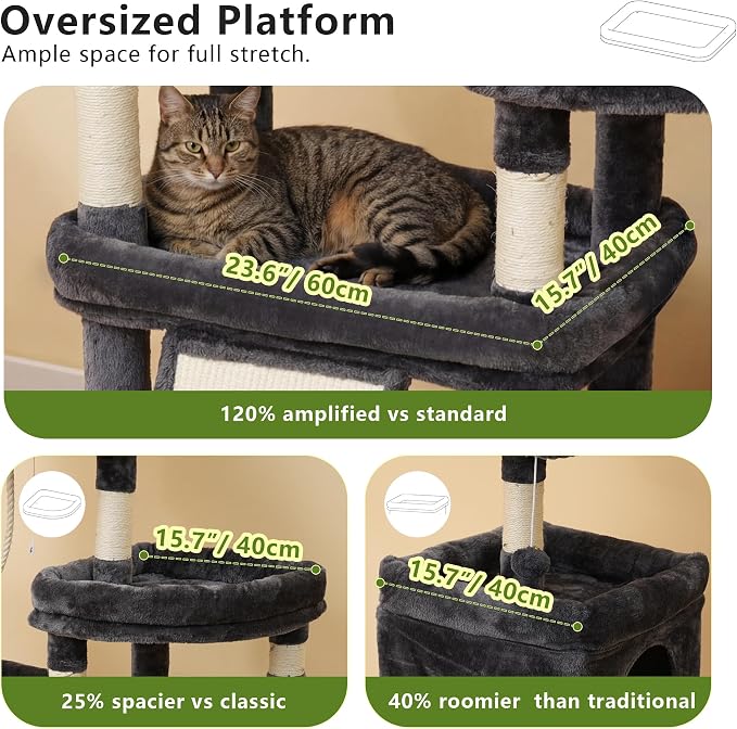 Heybly Cat Tree 72.4-Inch Anti-Tip Cat Tower with Spacious Perches HCT060G | All-in-One Cat Furniture for Large Cats, Multiple Interactive Areas, Extra-Large Sisal Scratching Board, Smoky Gray