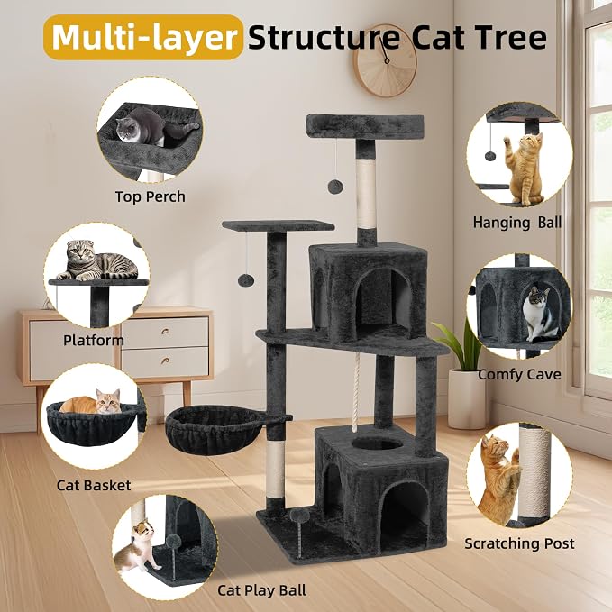 Cat Tree 54-Inch Cat Tower with Padded Plush Perch 2 Comfy Caves, Scratching Posts, Basket, 2 Pompoms, Multi-Level Plush Cat Condo for Indoor Cats Kittens, Dark Gray