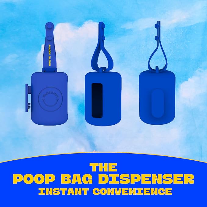 Dog Poop Bag Dispenser with 15 14" Bags Capacity – Blue Silicone Dog Poop Bag Holder for Leash | Durable, Portable & Refillable Waste Bag Case | Only Fits Waste Happy bags