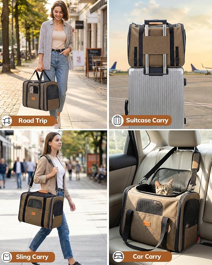 Morpilot Cat Carrier - Cat Carrier Soft for Medium or Large Cats up to 20lbs, with Dual-Sided Cushion, Secure Buckle and Foldable Bowl, Dog Carriers for Small Dogs - Pet Carrier (Brown)