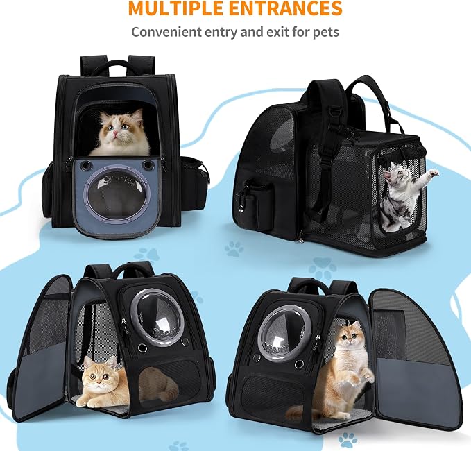 Dogs Backpack Carrier, Expandable Cat Carrier Backpack,Breathable Bubble Pet Backpack for Cat,Kitten and Small Puppy, Large Space,Portable Bags Foldable Cat Backpack for Traveling,Hiking(Black)