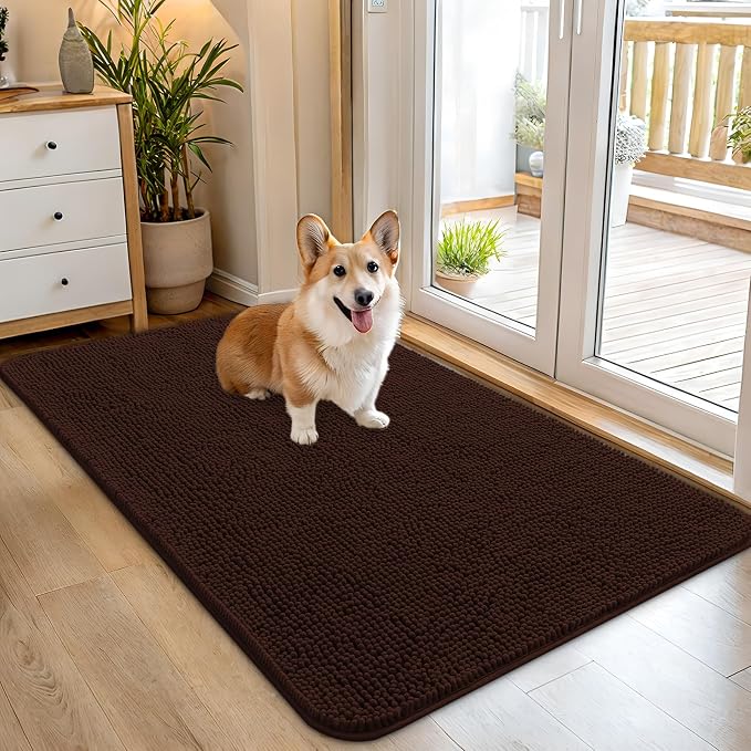 OLANLY Dog Door Mat for Muddy Paws 45x27, Super Absorbent Chenille Mud Mat | Brown, Absorbs Moisture and Dirt, Non-Slip Machine Washable Doormat, Quick-Drying Indoor Entryway Floor Carpet for Dogs