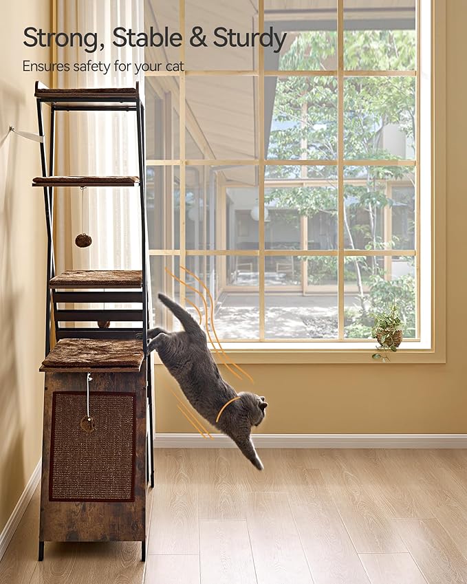 72.4" Modern Cat Tower for Indoor Cats - Multi-Level Condo With Caves, Tall Tree With Scratching Board, Wooden Tower With Large Perch, Removable Pads, Rustic Brown