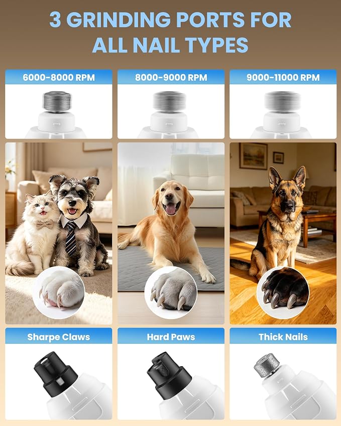Dog Nail Grinder with New LCD Display,25dB Quiet 6-Speed Dog Nail Trimmer Avoid Anxiety,1.5H Fast Charge,2 LED Safe Lights,50% More Power - Painless Pets Nails Grinding - White