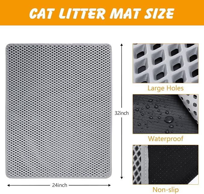 Double Layer Cat Litter Mat, Waterproof Non-Slip, 30 x 24 Inch | Honeycomb litter trapping, EVA soft on paws, urine-resistant bottom, easy shake or rinse clean