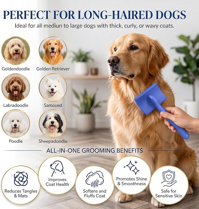 Wooden Long Pin Slicker Brush for Large Dog, Poodles & Doodles Long Hair | Grooming, Fluff & Detangle Heavy Dense Wavy Curly Coats to Easily Prevent Severe Hair Matting During Shedding Seasons