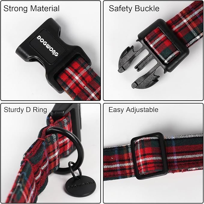 DOGWONG Christmas Cotton Dog Collar, Heavy-Duty Red Plaid Dog Collar Durable Soft Fabric Pet Dog Collars Cute Christmas Checked Puppy Necklace for Large Dogs