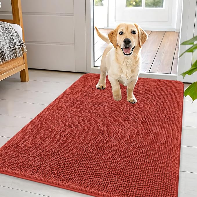 OLANLY Dog Door Mat for Muddy Paws 44x32, Super Absorbent Chenille Mud Mat | Maple Red, Absorbs Moisture and Dirt, Non-Slip Machine Washable Doormat, Quick-Drying Indoor Entryway Floor Carpet for Dogs