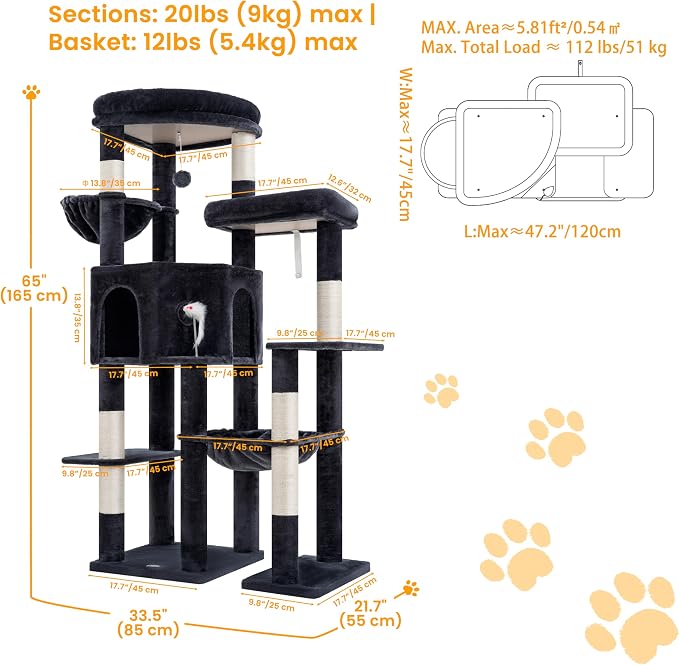 65" Cat Tree Tower, Anti-Tip Cat Condo for Indoor Cats VCT012G | Cat Furniture with Extra Wide Baseboard & Large Perch, 2 Hammocks, Cozy Condo, 7 Sisal Scratching Posts, Smoky Gray