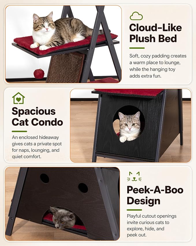 Modern Wood Cat Tree Tower for Indoor Cats Large Adult 67-in Tall | Heavy Duty XL Stable Wooden Cat Condo House Furniture with Multi-Level Spacious Perch Scratching Board Soft Washable Pads