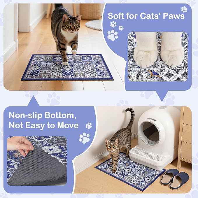 24"x15" Cat Litter Mat Waterproof Non-Slip Litter Trapping Pad | Soft Mesh Litter Box Mat With A Decorative Pattern Captures Scatter Effectively To Keep Floors Clean And Tidy
