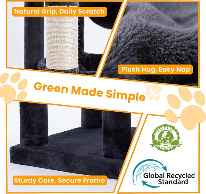 65" Cat Tree Tower, Anti-Tip Cat Condo for Indoor Cats VCT012G | Cat Furniture with Extra Wide Baseboard & Large Perch, 2 Hammocks, Cozy Condo, 7 Sisal Scratching Posts, Smoky Gray