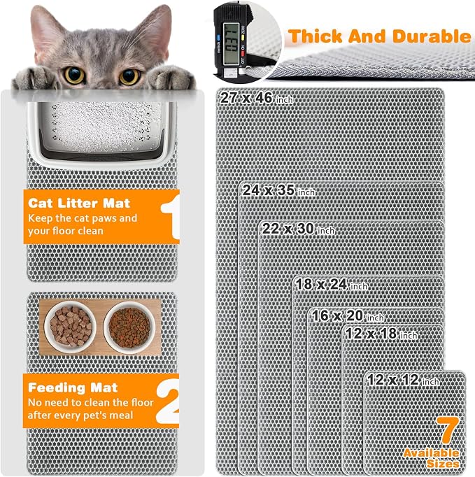 Cat Litter Mat 22"x30",Double Layer EVA litterbox Mat, Gray | Waterproof honeycomb large grid, urine-proof and odor-free. Traps litter, easy cleanup,Washable, non-slip backing