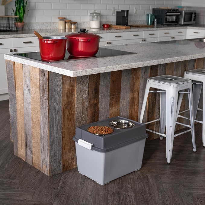 IRIS USA Dog Bowls Elevated with Storage, 15" H Raised Feeding Station, Dog Bowl Stand with Airtight Food Storage Holds 47 lbs, 2 Removable 64 oz Stainless Steel Bowls for Large Dogs, Gray/Dark Gray