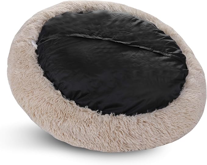 Donut Dog Bed Calming Ultra Soft Shag Faux Fur Dog Bed Comfortable Donut Cuddler for Dogs and Cats,Self Warming and Washable (30Inches, Beige)