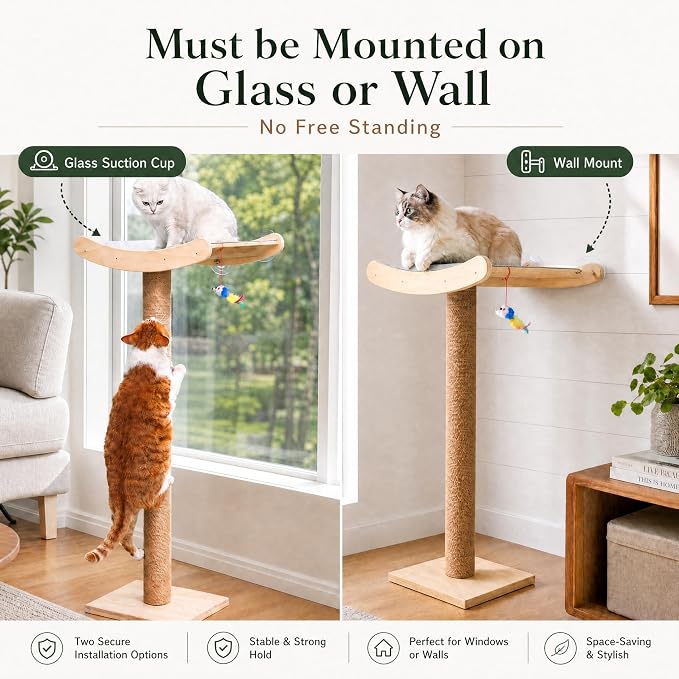 Cat Window Perch with Scratching Posts, 46-Inch Wooden Tree for Large Cats | For Big Cats & Maine Coons; Heavy-Duty Suction Cups Mounting; Spacious Wood Bed ; Drill-Free; Holds Up to 40 lbs