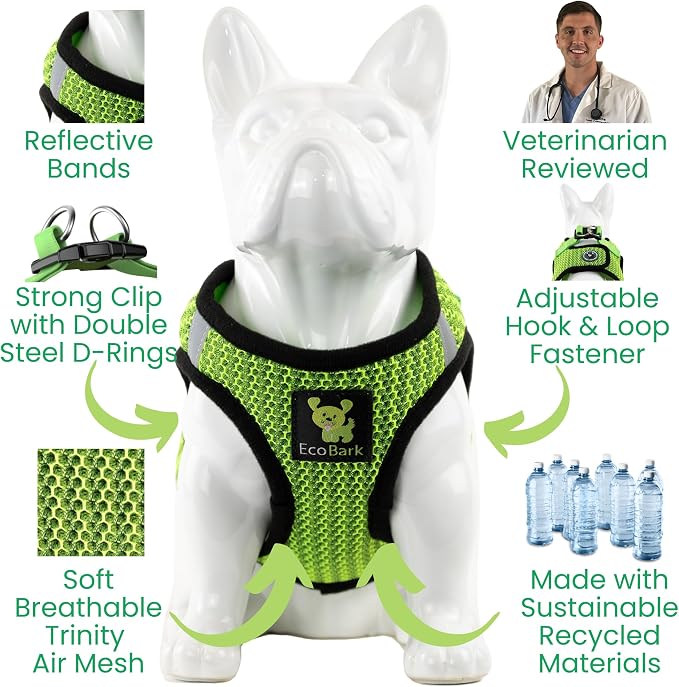 EcoBark Step in Dog Harness Reflective Soft Ultra Padded Mesh Dog Harnesses for XXS, XS, Small, and Medium Dogs Eco-Friendly Comfort Secure Halter No Pull Adjustable Pet Vest (XXXS, Neon Green Sport)