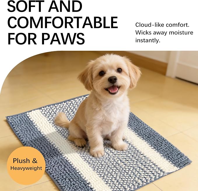Dog Door Mat for Muddy Paws - Absorbent Quick-Dry Non-Slip Washable Chenille Pet Rug, Indoor Entryway Mat for Front Door & Crate (Blue White, 24" L*16" W)