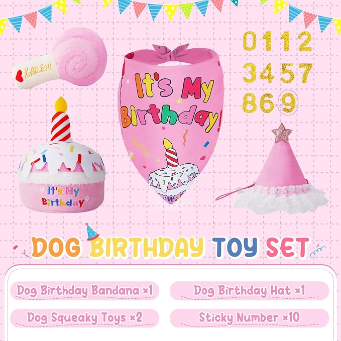 KIPRITII Dog Birthday Party Supplies – Pink Dog Birthday Cake Toys, Birthday Bandana & Hat for Small Dogs, Interactive Puppy Plush Toys to Relieve Boredom