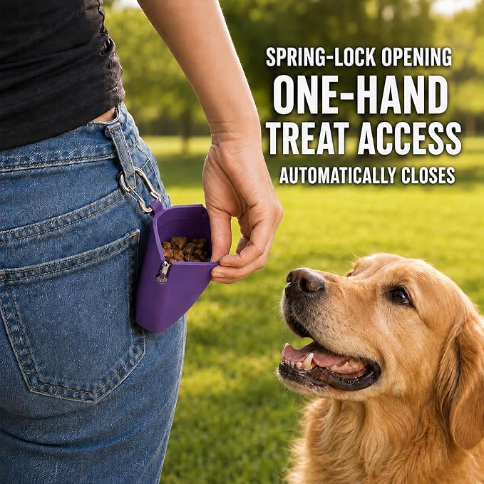 1 Cup Silicone Dog Treat Pouch, Dog Training Treat Bag, Purple | One-Hand Use, Auto-Closes, No Spills When Inverted, Carabiner Keeps Pouch Secure, Easy to Clean, Holds Dry or Wet Dog Food