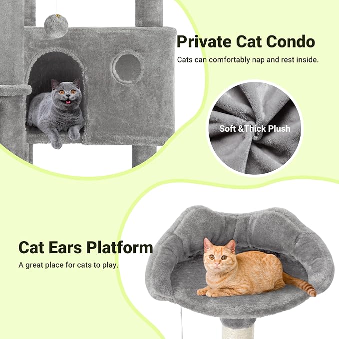 Allewie 64 Inches Multi-Level Cat Tree Tower for Indoor Cats, Grey | Activity Center for Big Felines, 2 Plush Condos, 2 Perches, Cozy Basket, House, Sisal Scratching Posts, Hanging Cat Toys